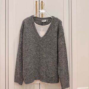 LNA Clothing Sienna Fuzzy Double Layer Sweater in Shadow Grey with Ivory